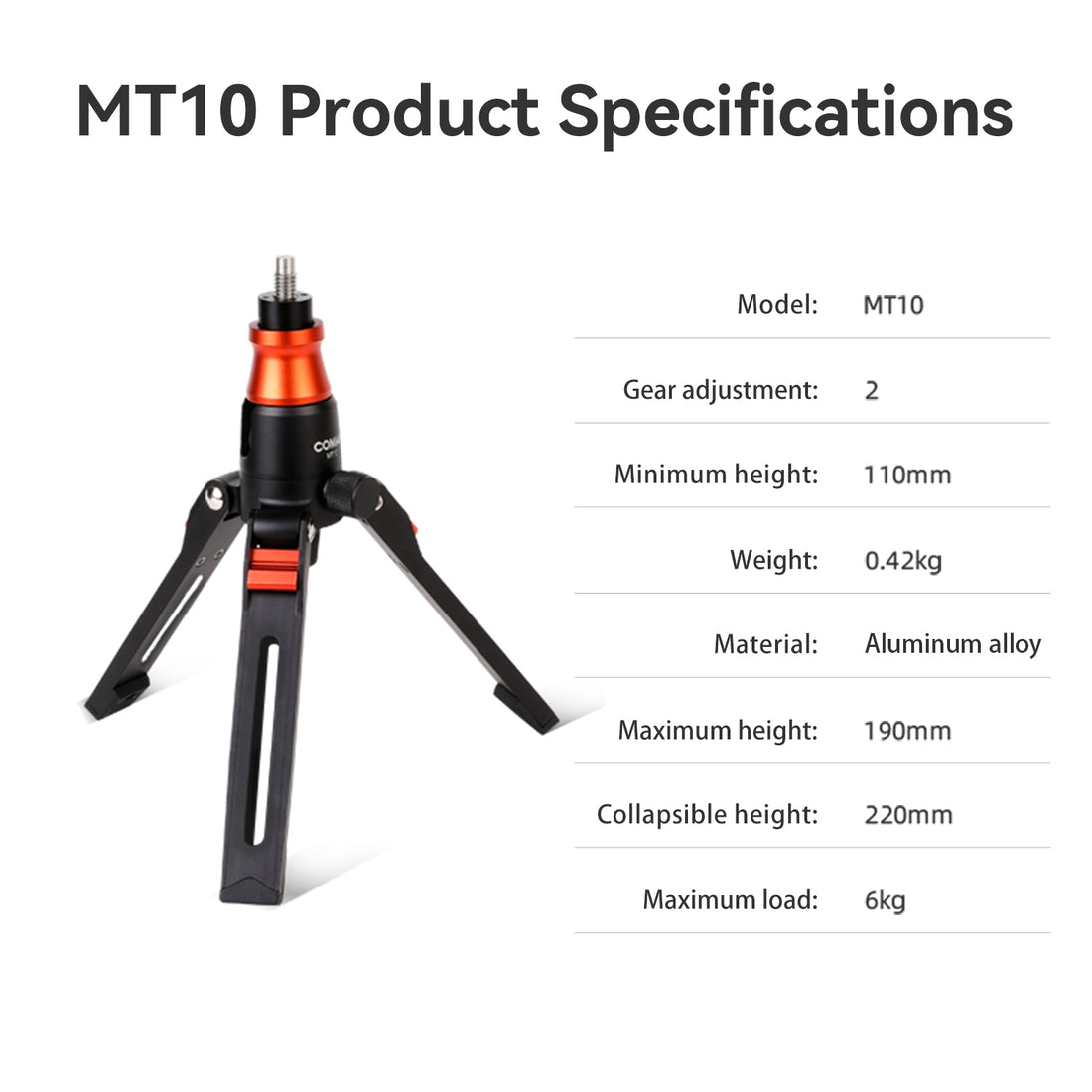 COMAN MT10 Mini Tripod Stand Base – 155mm Extendable, 6kg Load, Quick Lock