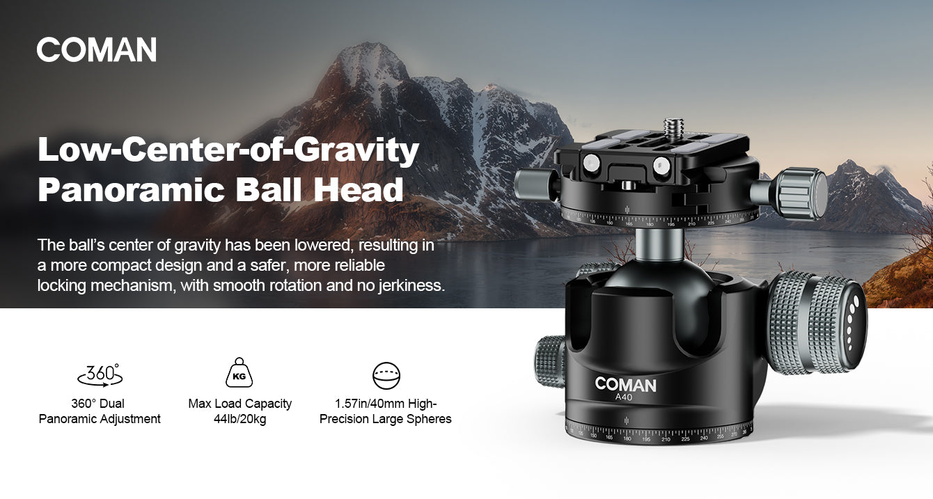 COMAN A40 low-centre-of-gravity panoramic ball head features