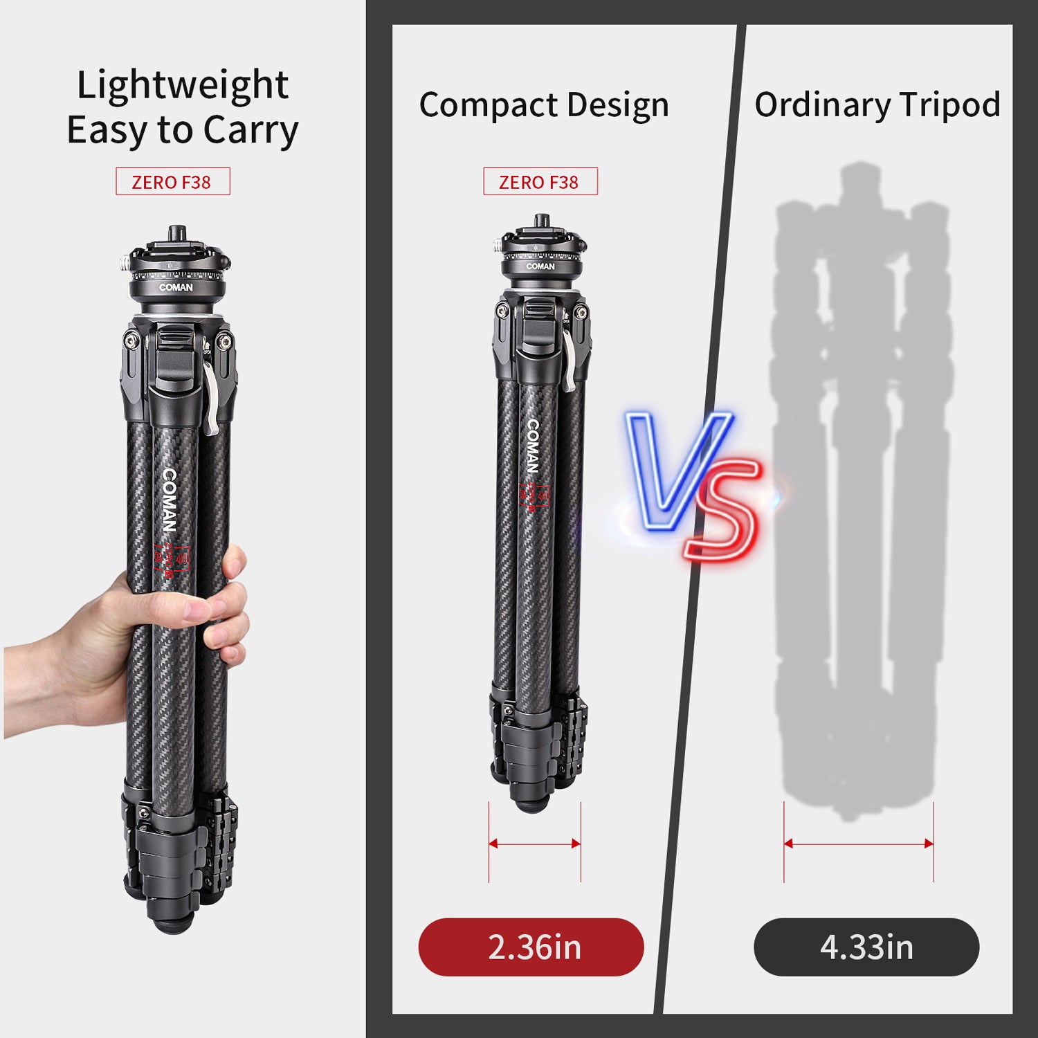 Coman Zero F38 Quick System Carbon Fiber Tripod, compatible