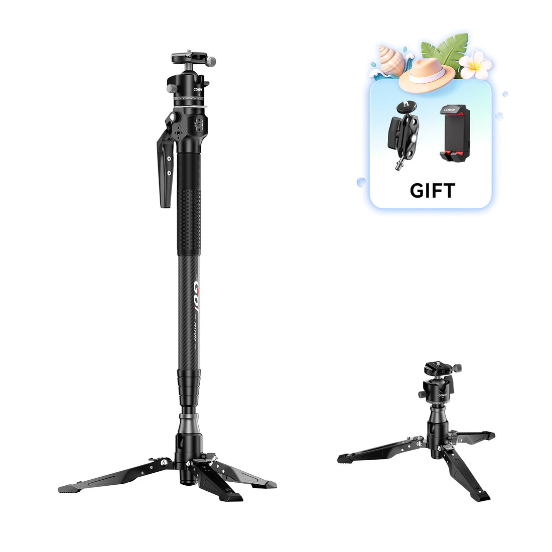 COMAN M1MINI Carbon Fiber 4-Section One-Click Lift Monopod 62.8in Quick Adjustment