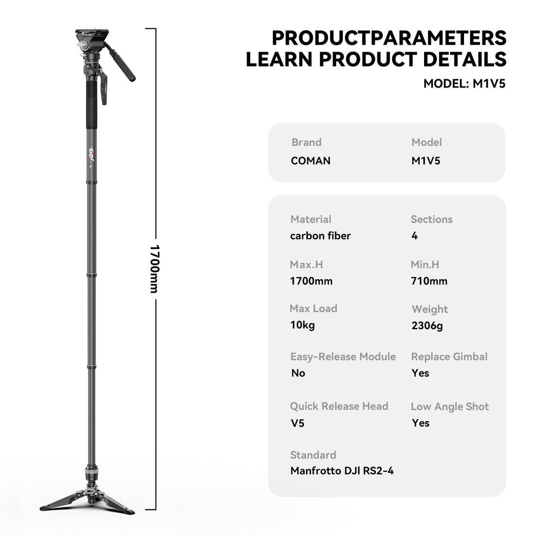 COMAN M1V5 Carbon Fiber Monopod with V5 Head, 67" Height, 22 lbs Load
