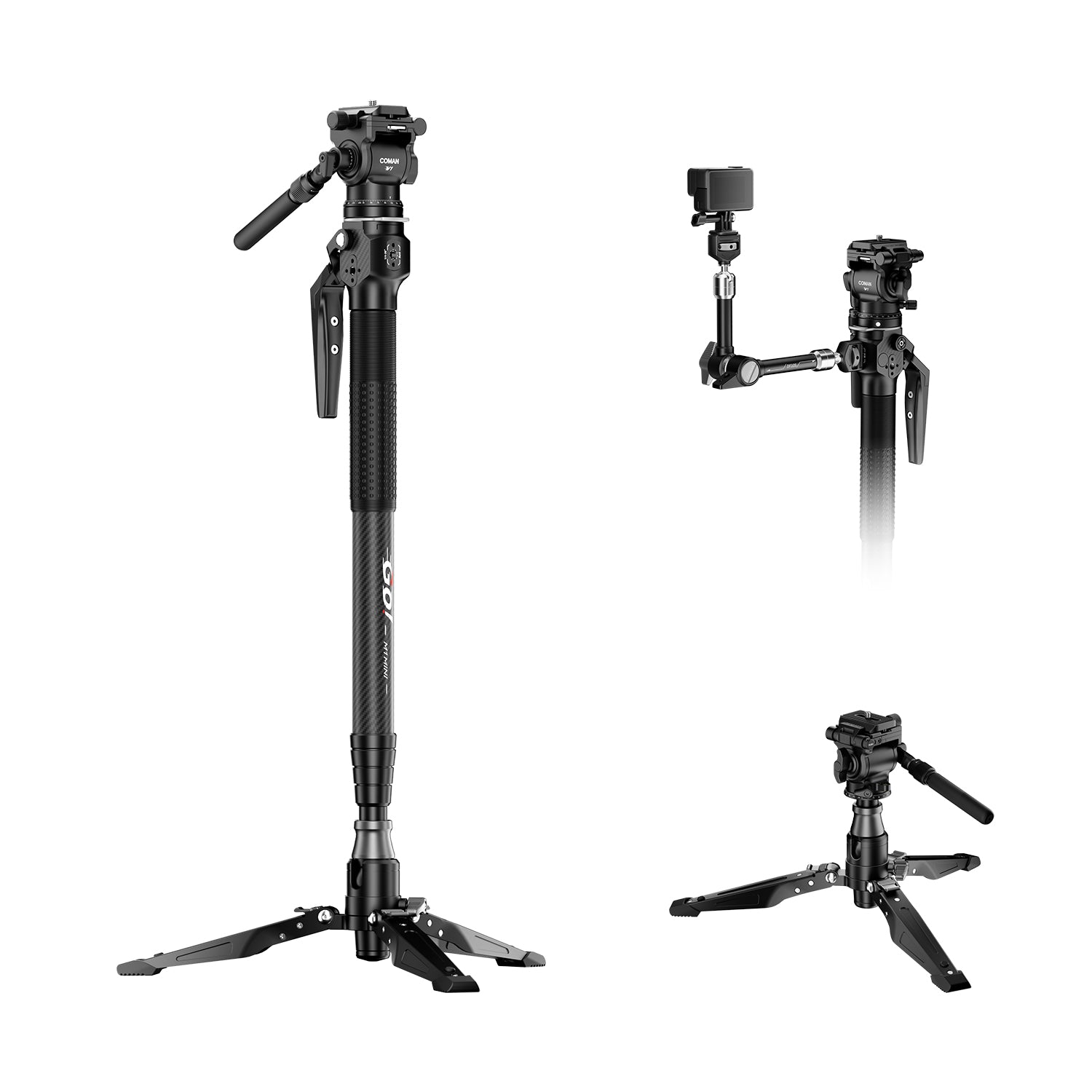 COMAN M1MINI Carbon Fiber 4-Section One-Click Lift Monopod 62.8in Quic