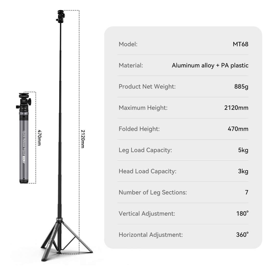 COMAN MT68 One Touch Quick Release Light Stand Tripod 83.4” Adjust 360° Pan