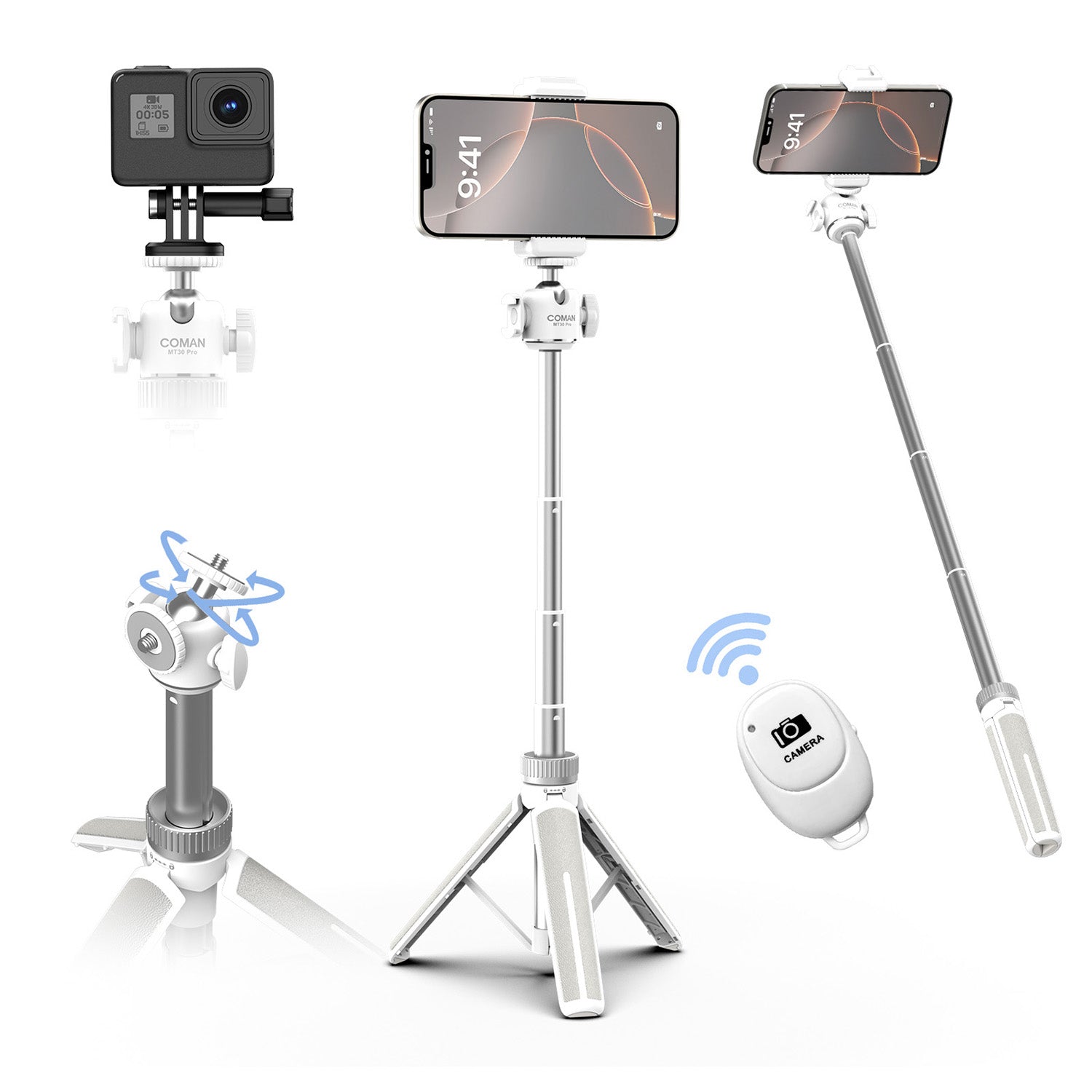 COMAN MT30 Pro 61cm Selfie Stick Tripod with Wireless Remote, 4-Section Pole, Compatible with iPhone & Android
