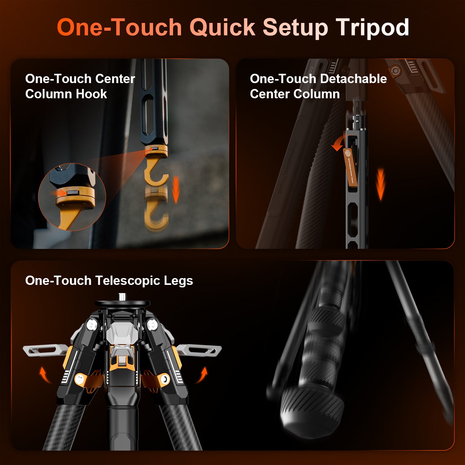 COMAN T1 Snap-Open Carbon Fiber Video and Photo Tripod 4 Section Legs