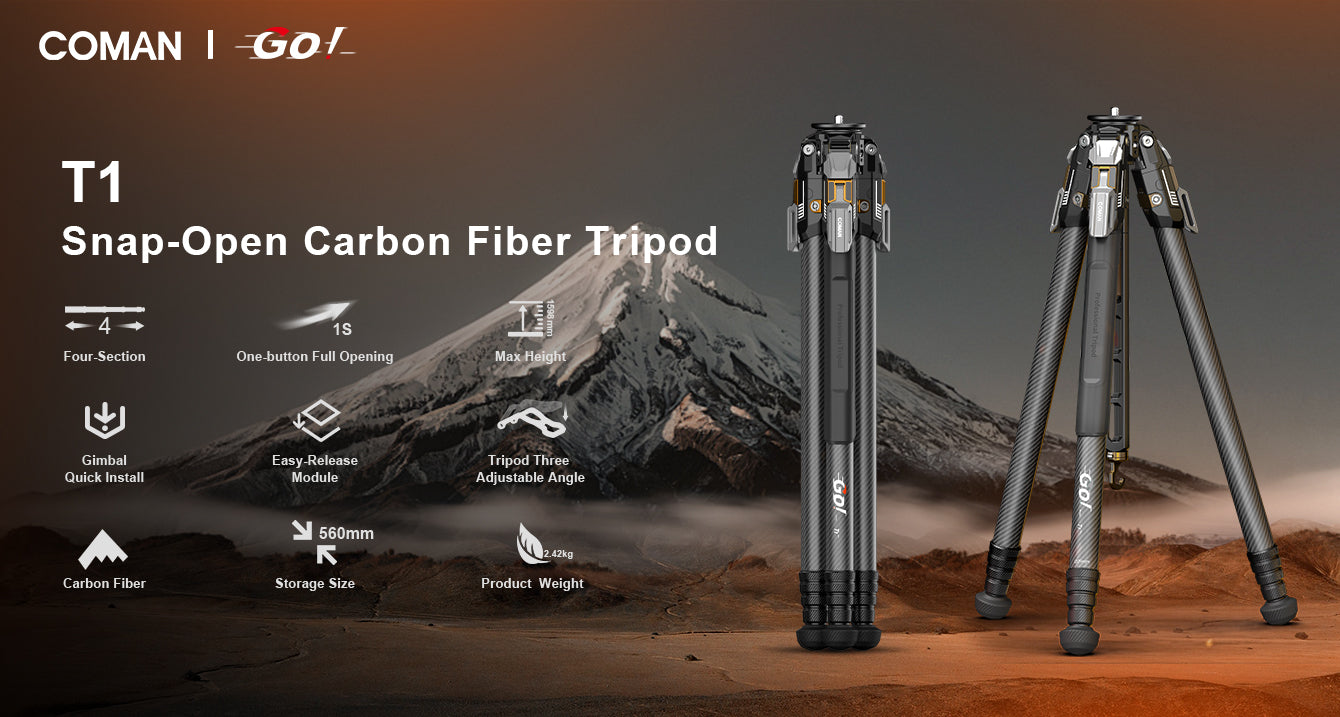 COMAN T1 Snap-Open Carbon Fiber Video and Photo Tripod 4 Section Legs