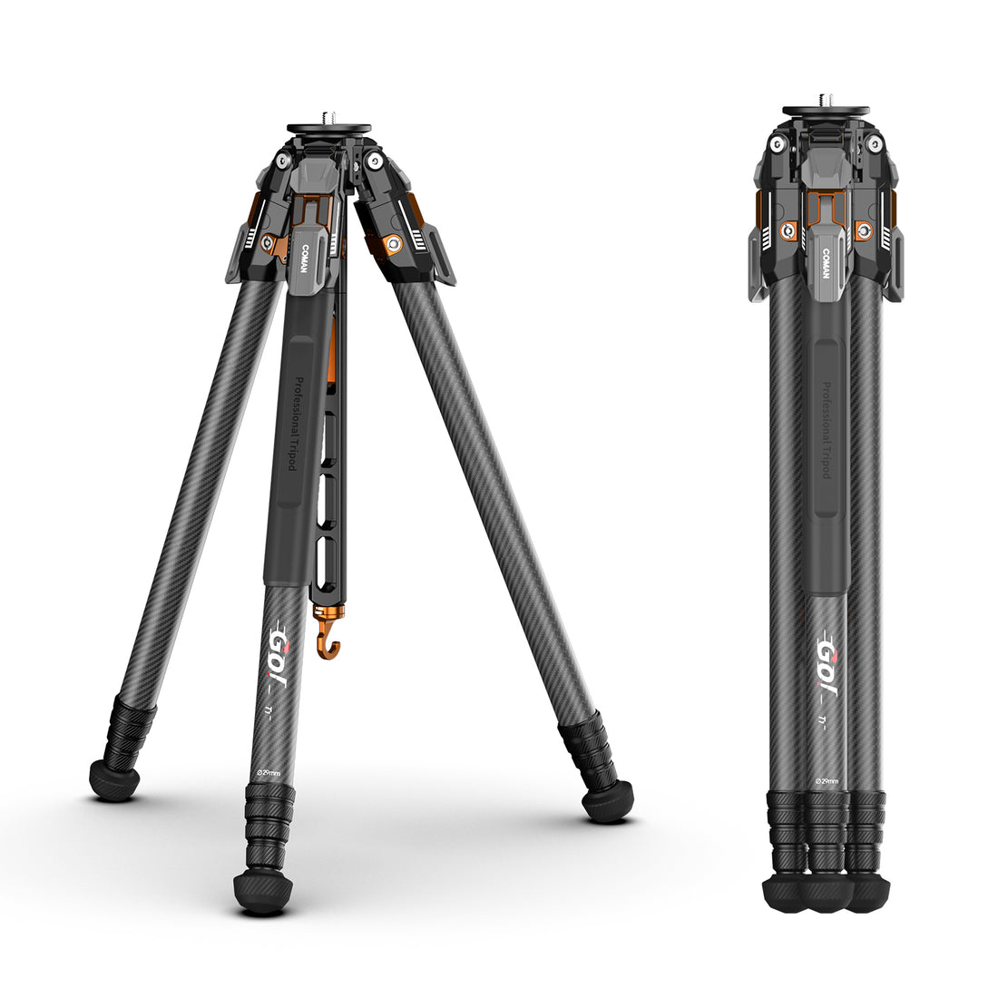 COMAN T1 Carbon Fiber Video Tripod Snap-Open 4-Section Legs Adjustable Angles 62.9" Height