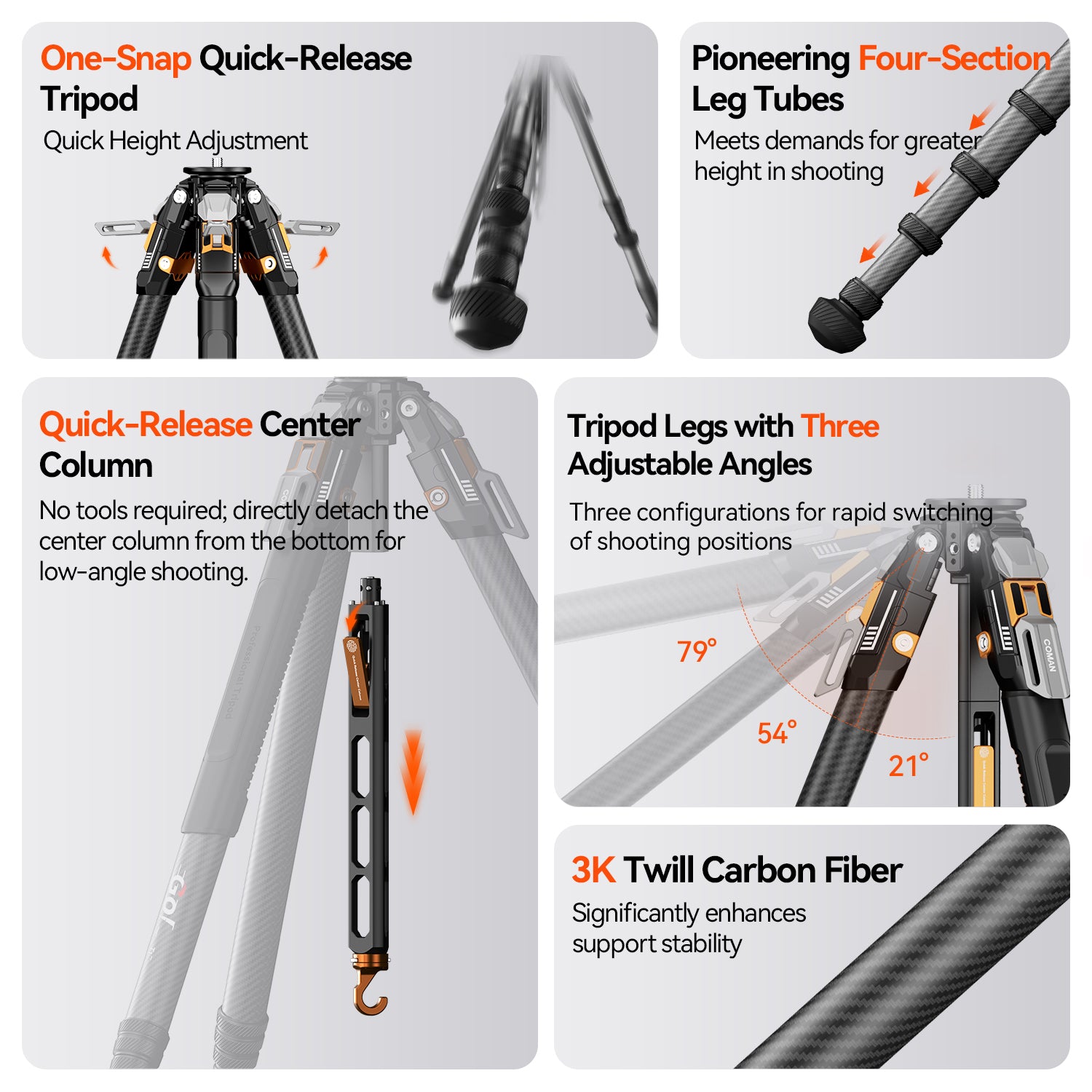 COMAN T1 Snap-Open Carbon Fiber Video and Photo Tripod 4 Section Legs