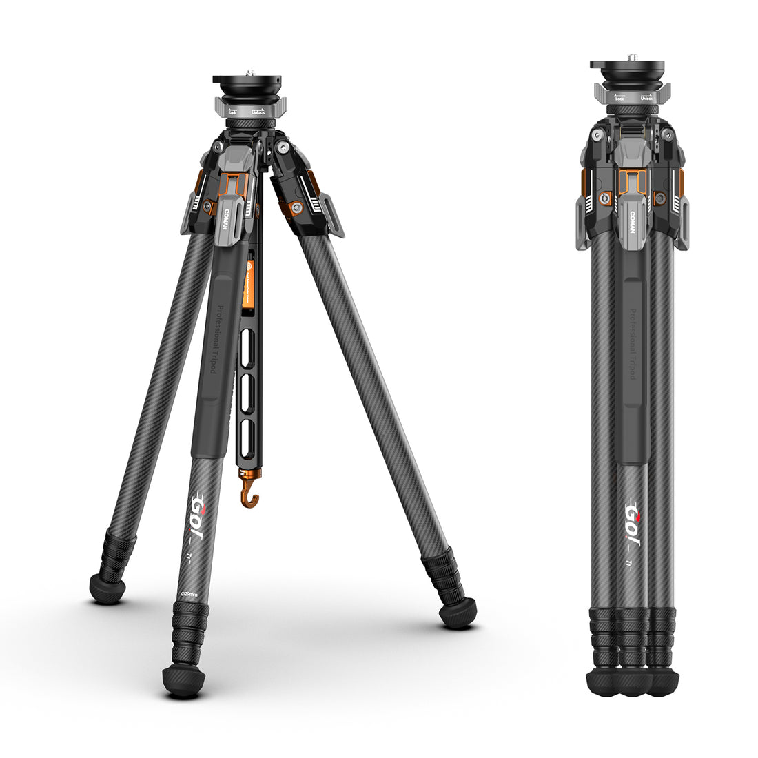 COMAN T1S Snap-Open Carbon Fiber Video Tripod with Bowl Head, 4-Section Legs, 64.8"