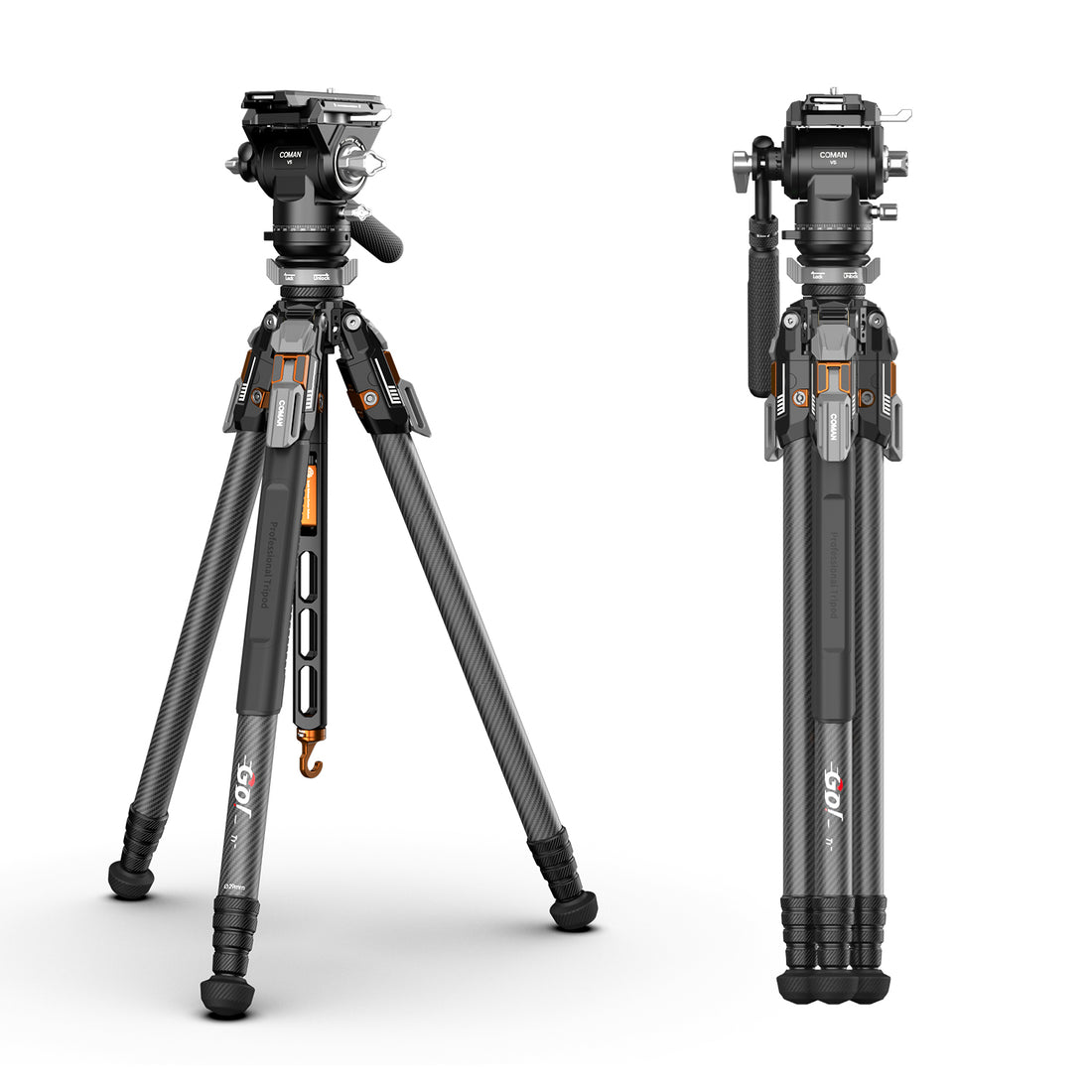 COMAN T1SV5 Carbon Fiber Video Tripod with Bowl Head & Fluid Pan Tilt – Snap-Open Tripod 68.9"