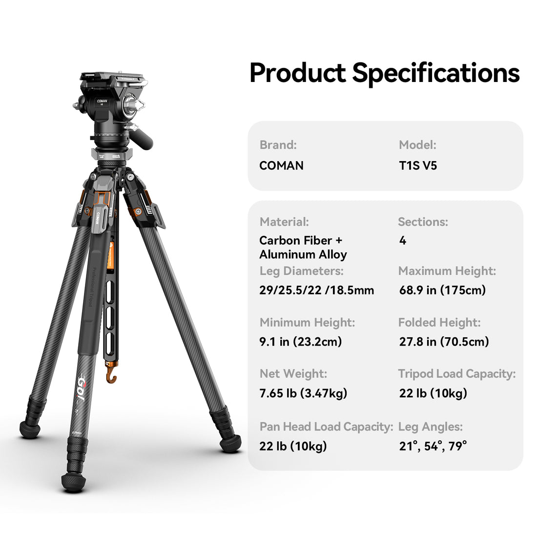 COMAN T1SV5 Snap-Open Carbon Fiber Tripod 68.9" Video and Photography with Fluid Bowl Head
