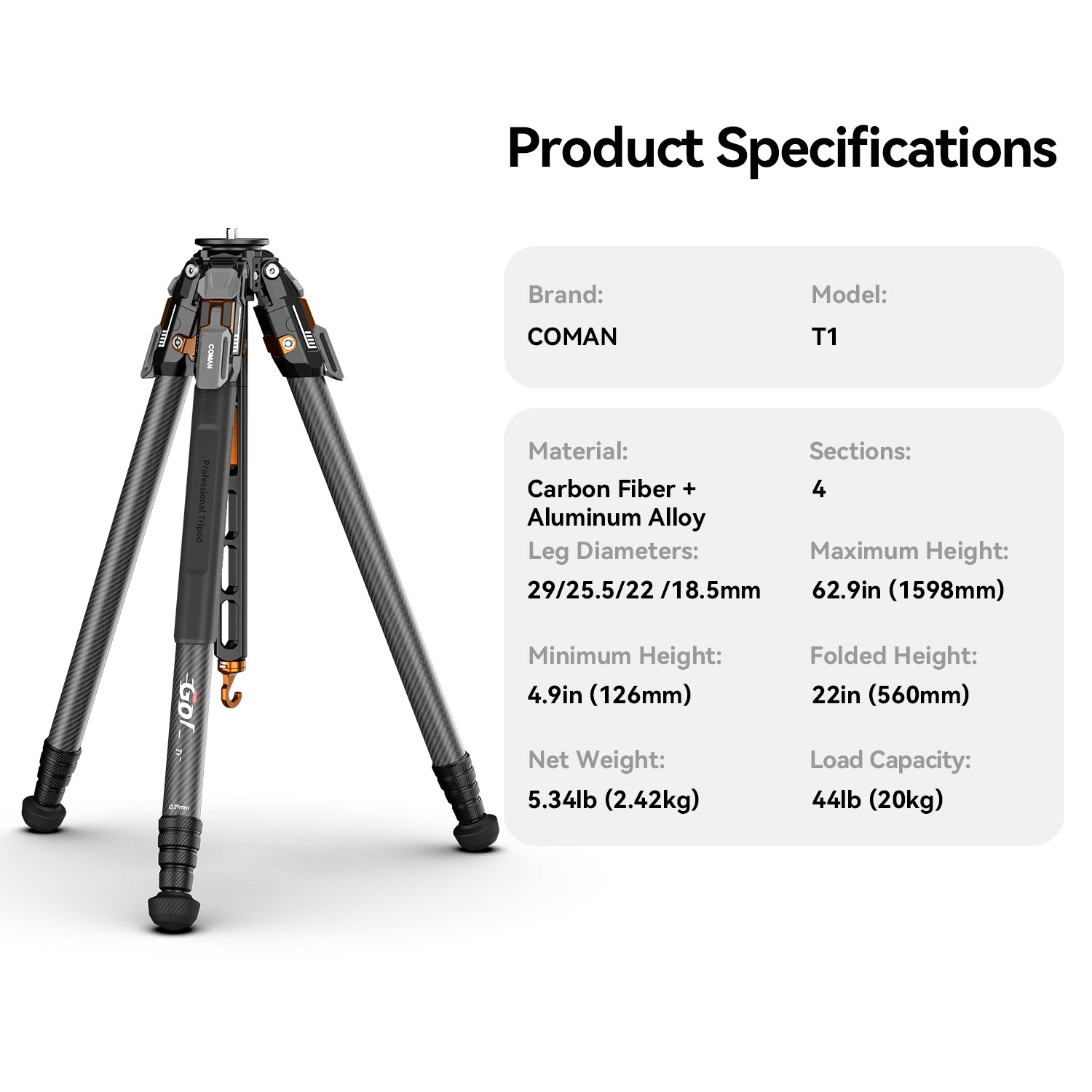 COMAN T1 Snap-Open Carbon Fiber Video and Photo Tripod 4 Section Legs