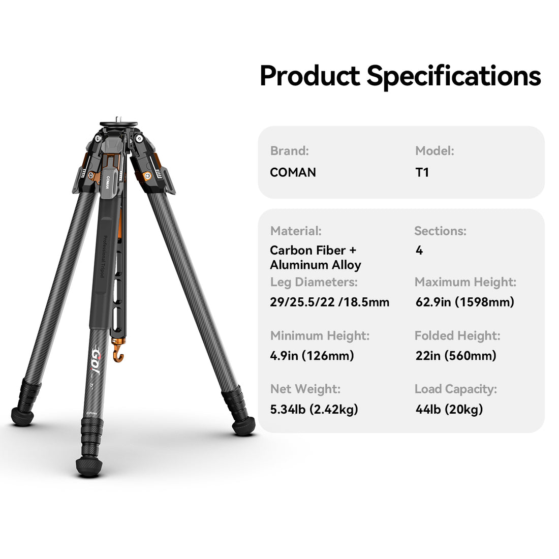 COMAN T1 Snap-Open Carbon Fiber Video and Photo Tripod 4 Section Legs Adjustable Angles 62.9"