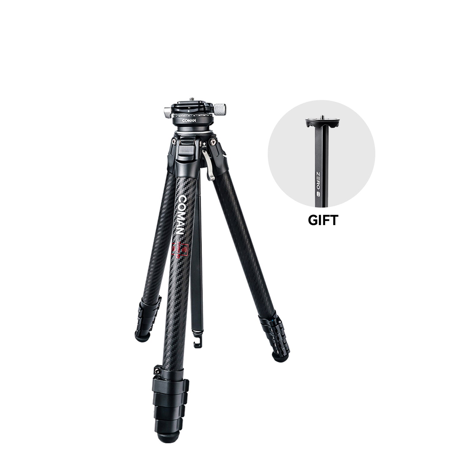 Coman Zero Y Professional Carbon Fiber Travel Tripod, 360° Ball Head, Arca Swiss for DSLR