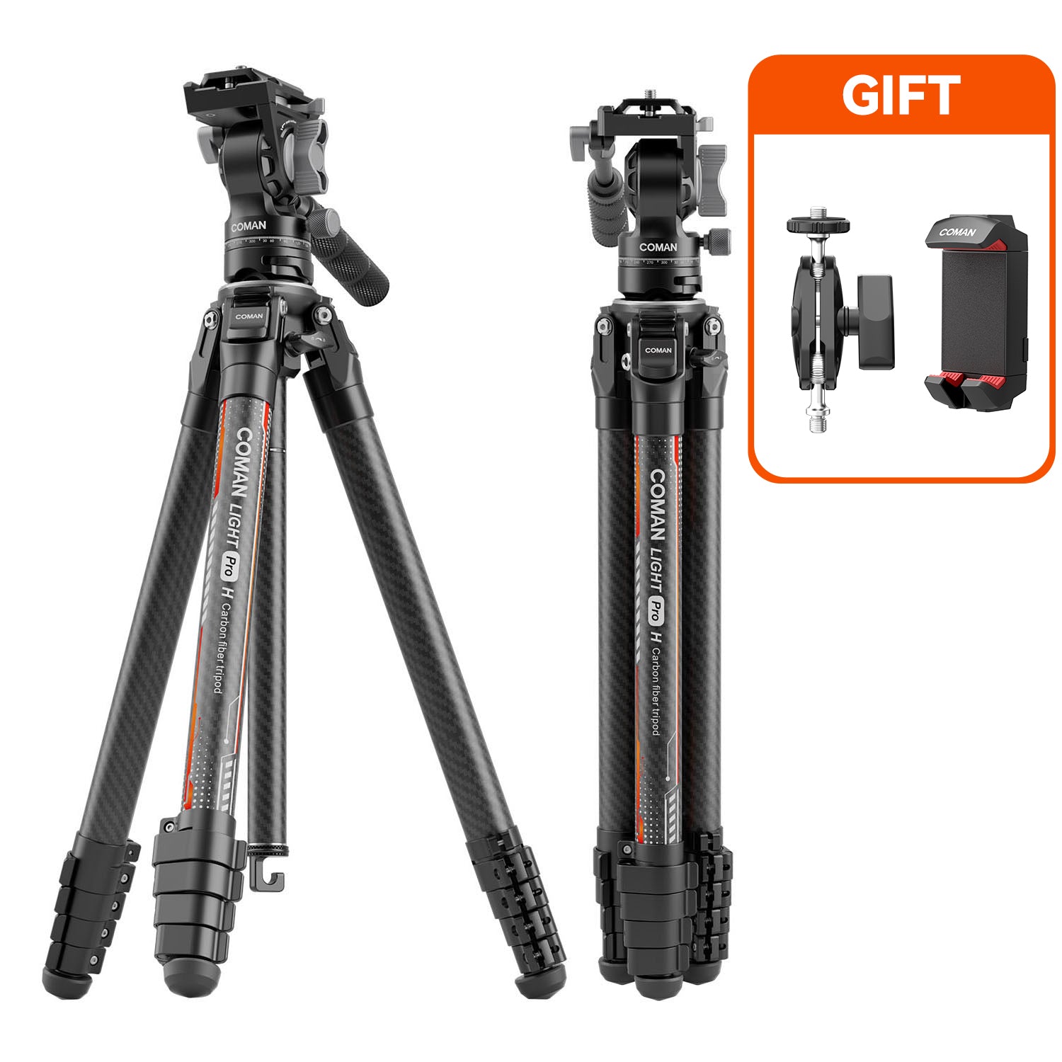 Coman Light H Pro Carbon Fiber Tripod with 1-Second Lock/Unlock & Detachable Monopod