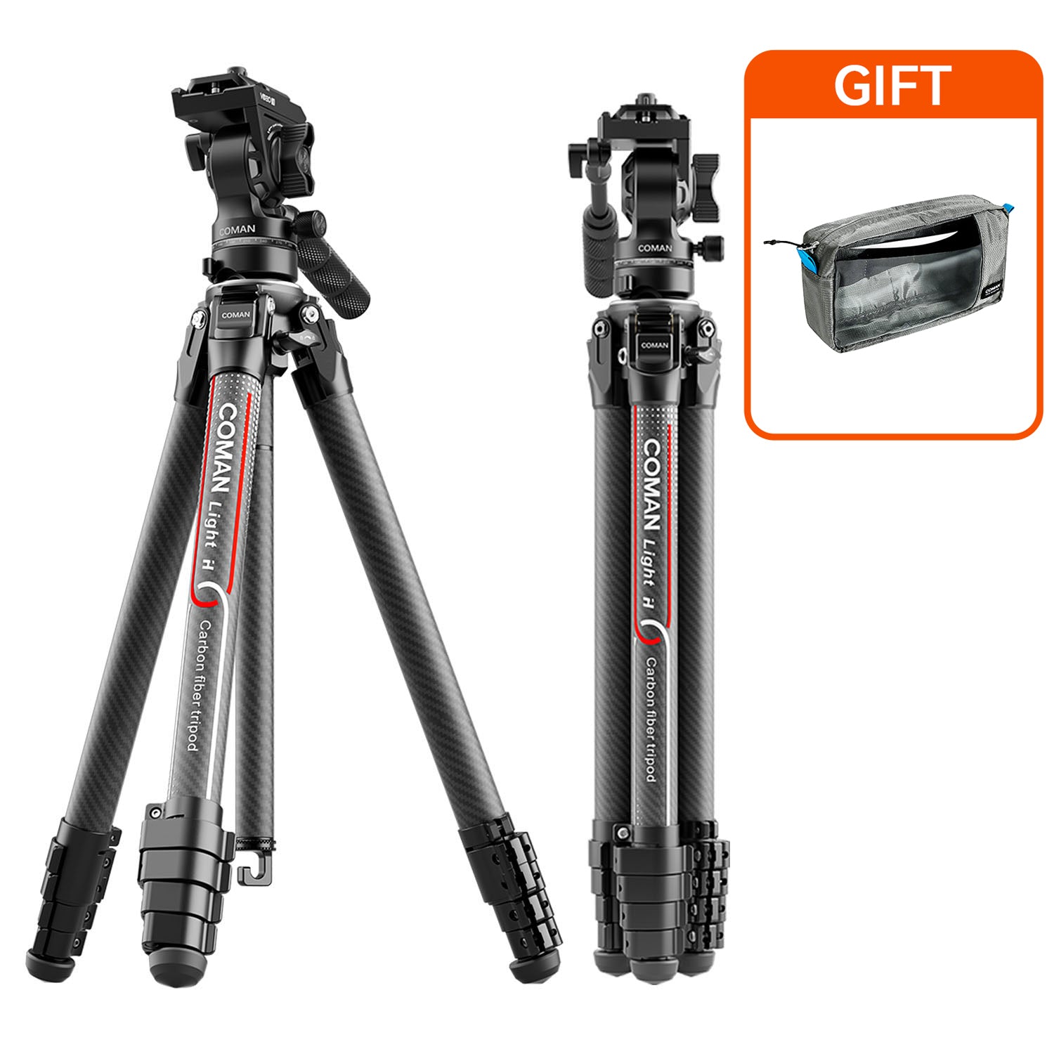Coman Light H 61" Carbon Fibre Travel Tripod with Fluid Head & Quick Release