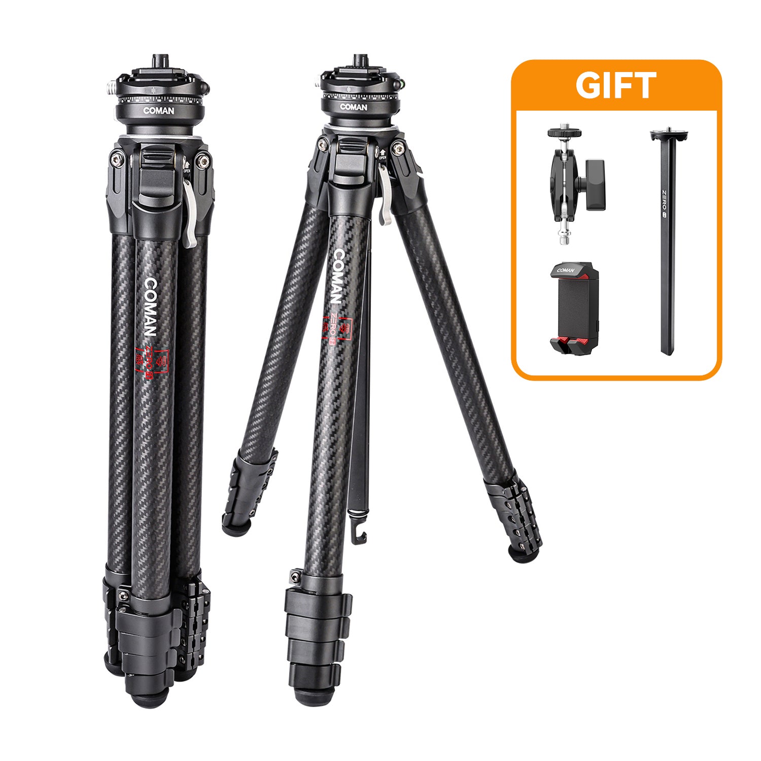 Coman Zero F38 Professional Travel Carbon Fiber Tripod with Arca Ball Head & DJI Quick Release
