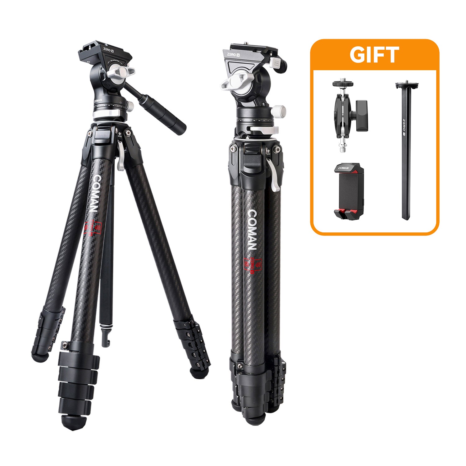 COMAN Zero V Carbon Fiber Travel Video Tripod with Arca Quick Release for DSLR