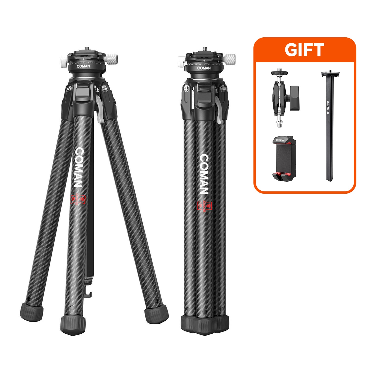 Coman Zero X Lightweight Carbon Fiber Travel Tripod with Arca-Swiss Plate for Pro Cameras
